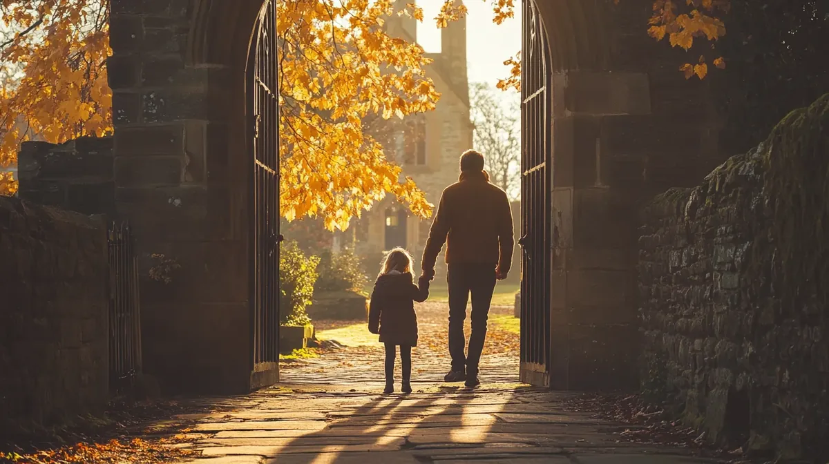 Un père et son enfant franchissant la porte d'une église baignée de lumière
