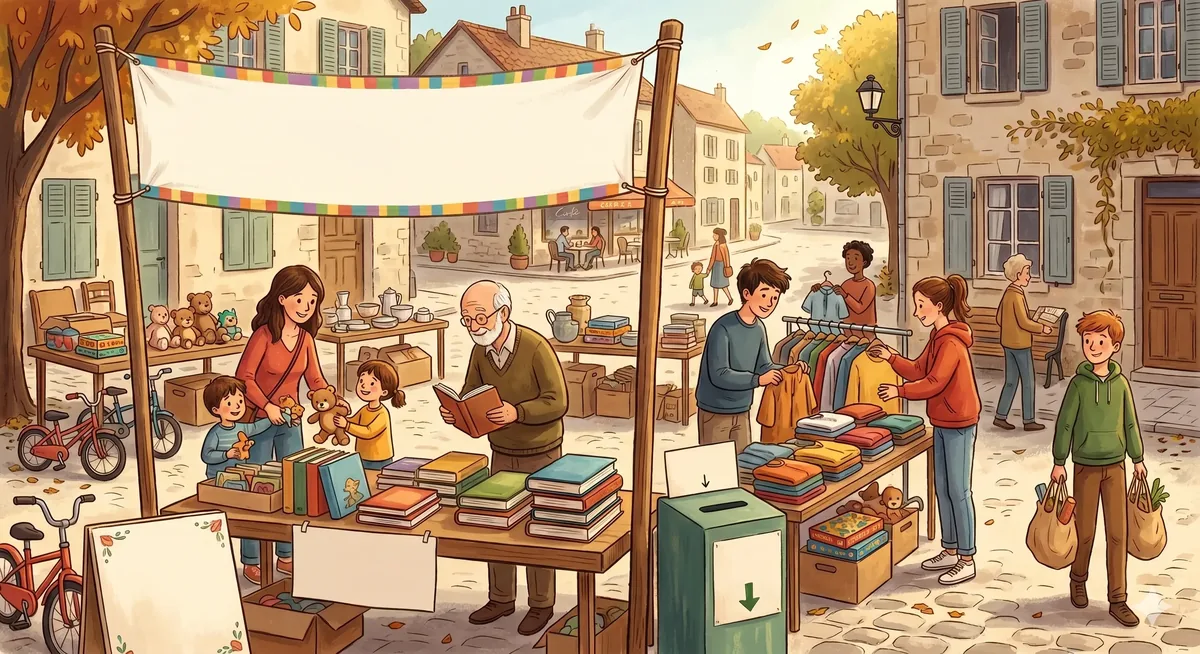 Scène de village — tables dressées, livres, vêtements et jouets offerts librement lors d'une journée du don
