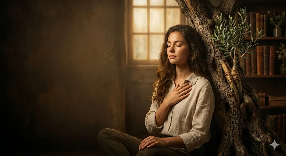 Une jeune femme apaisée, la main sur le cœur, adossée à un olivier sur lequel un jeune rameau a été greffé