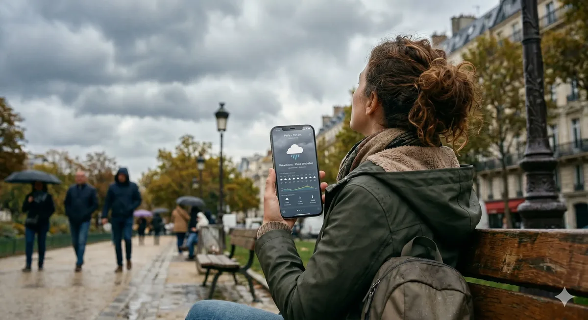Femme sur un banc parisien sous la pluie, consultant une appli météo sur son smartphone