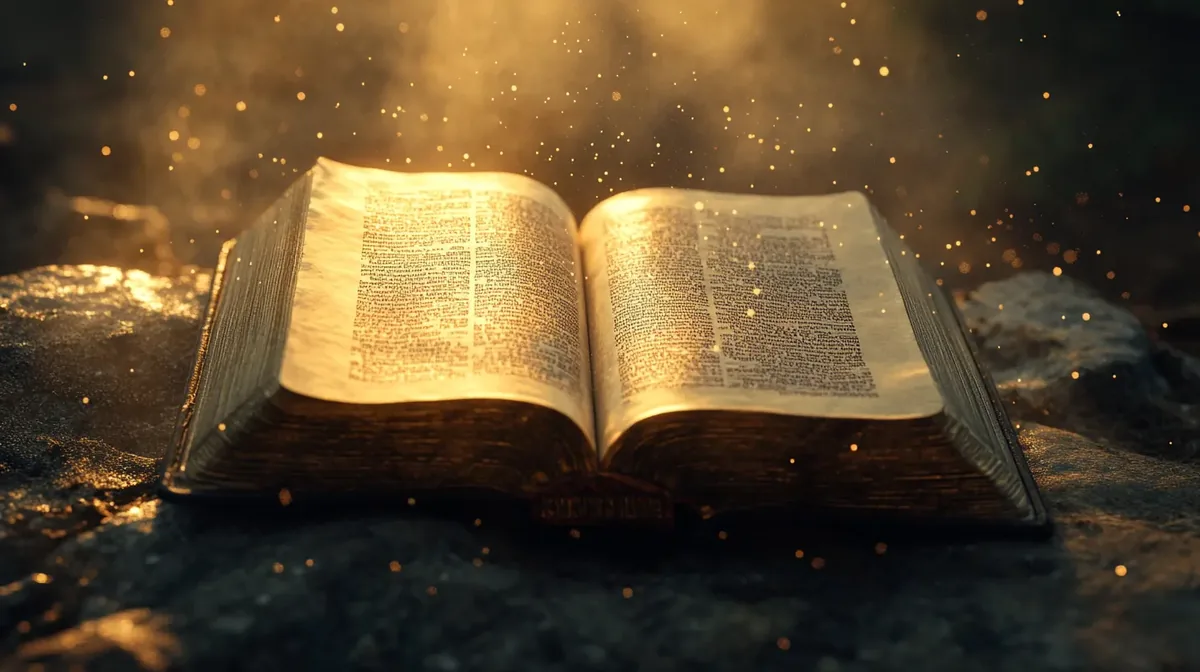 Bible ancienne ouverte avec une lumière dorée rayonnante