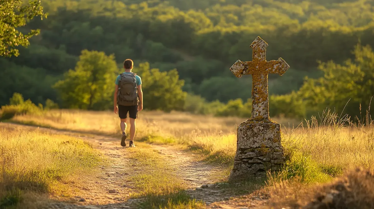 Randonneur de dos sur un chemin de campagne, passant devant un calvaire de pierre couvert de lichen, lumière dorée