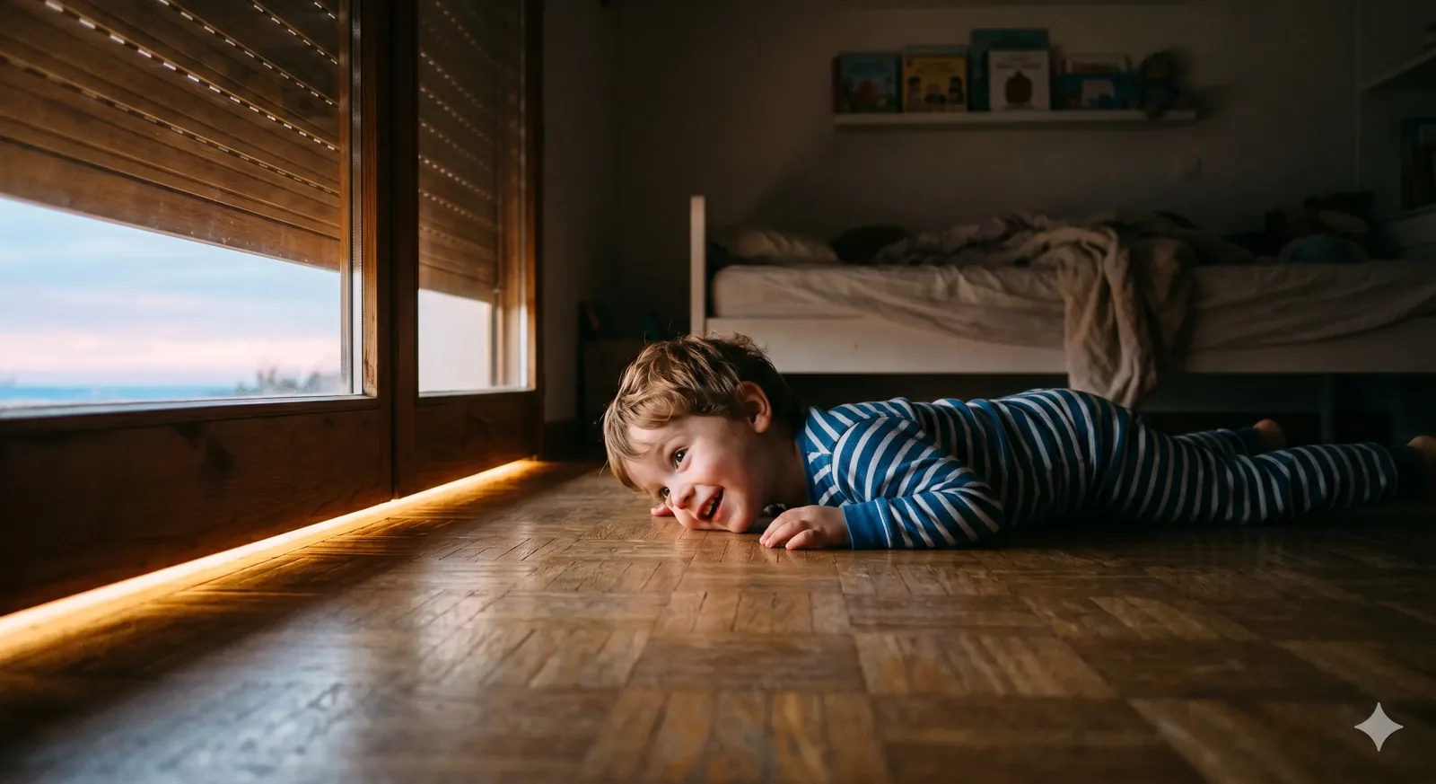 Un jeune enfant allongé sur un parquet, la joue contre le bois, regardant un ruban de lumière dorée sous un volet