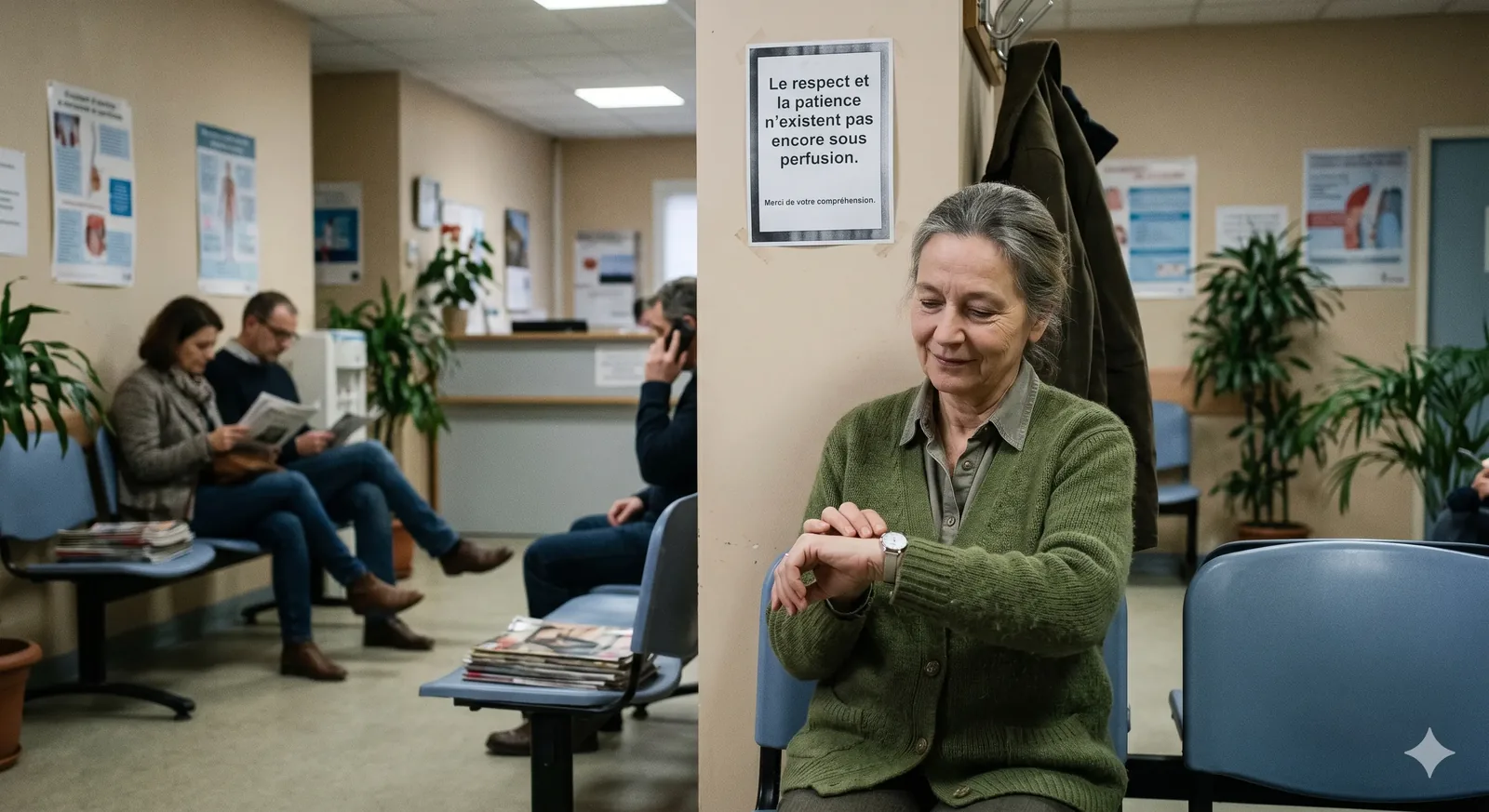 Salle d'attente d'un cabinet médical : une femme en gilet vert consulte sa montre ; au-dessus, une affichette sur le respect et la patience