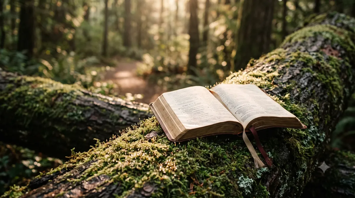 Une Bible ouverte sur un tronc couvert de mousse, dans une forêt baignée de lumière dorée