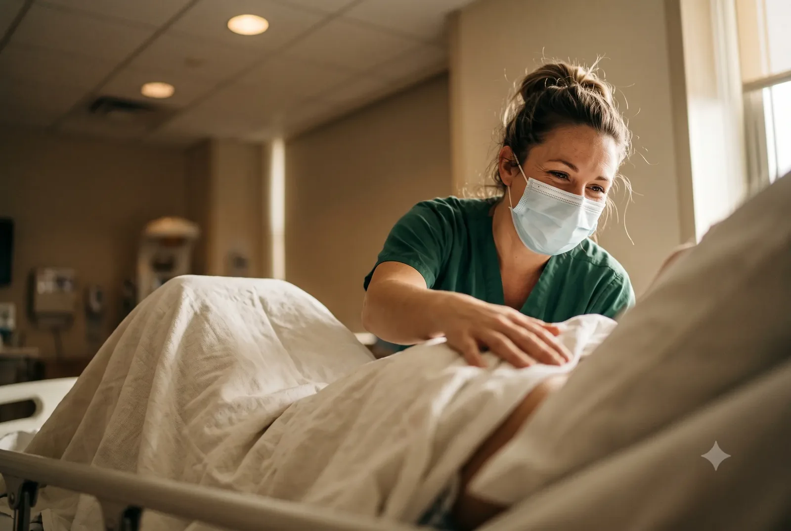 Une infirmière masquée se penche sur un lit d'hôpital et repositionne le drap blanc d'un patient, dans une lumière dorée