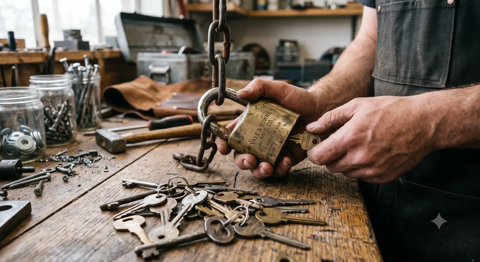 Dans un atelier, des mains tiennent un vieux cadenas de laiton accroché à une chaîne, au-dessus d'un trousseau de vieilles clés