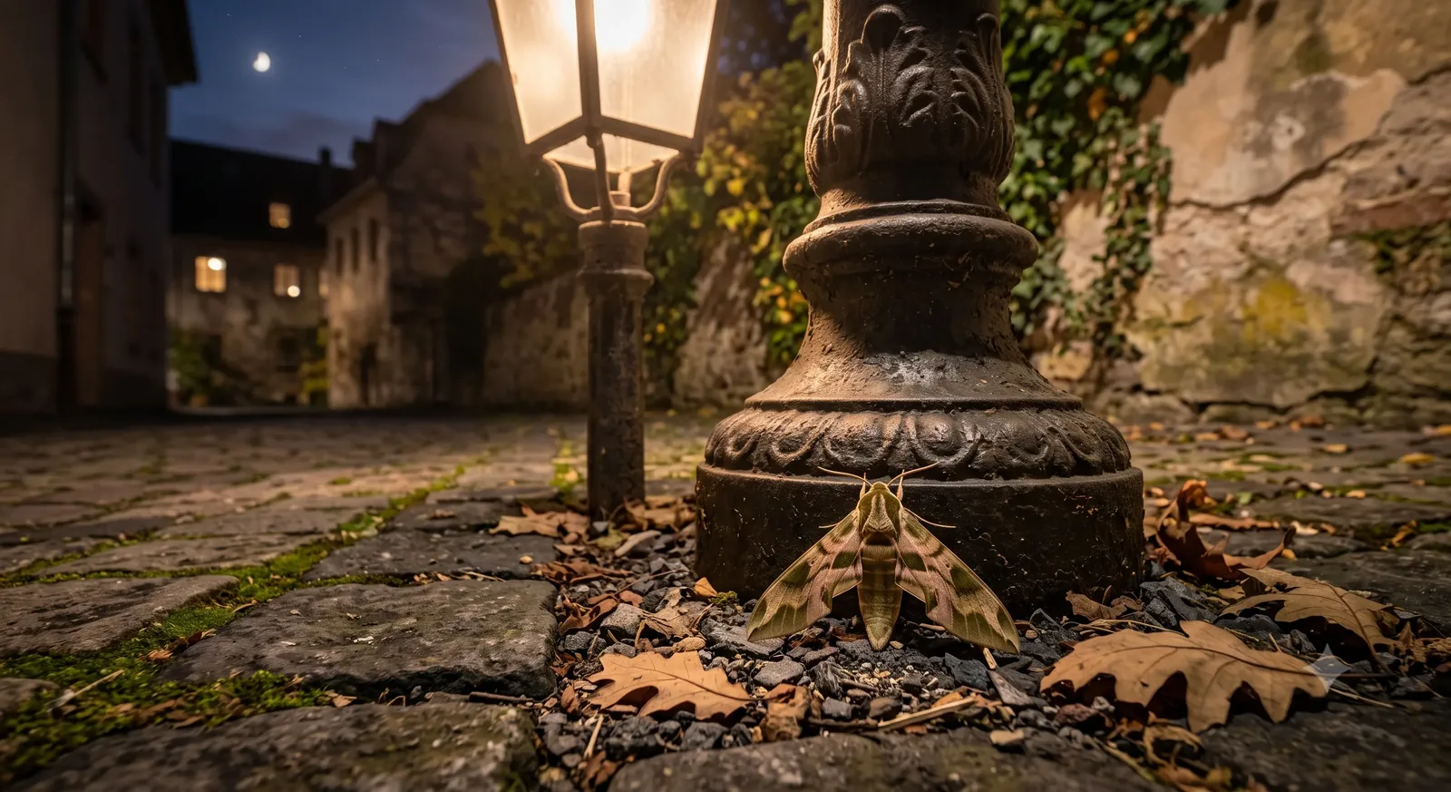 Un sphinx, papillon de nuit aux ailes vert olive et rose, posé au pied d'un lampadaire de fonte allumé, sur des pavés jonchés de feuilles mortes