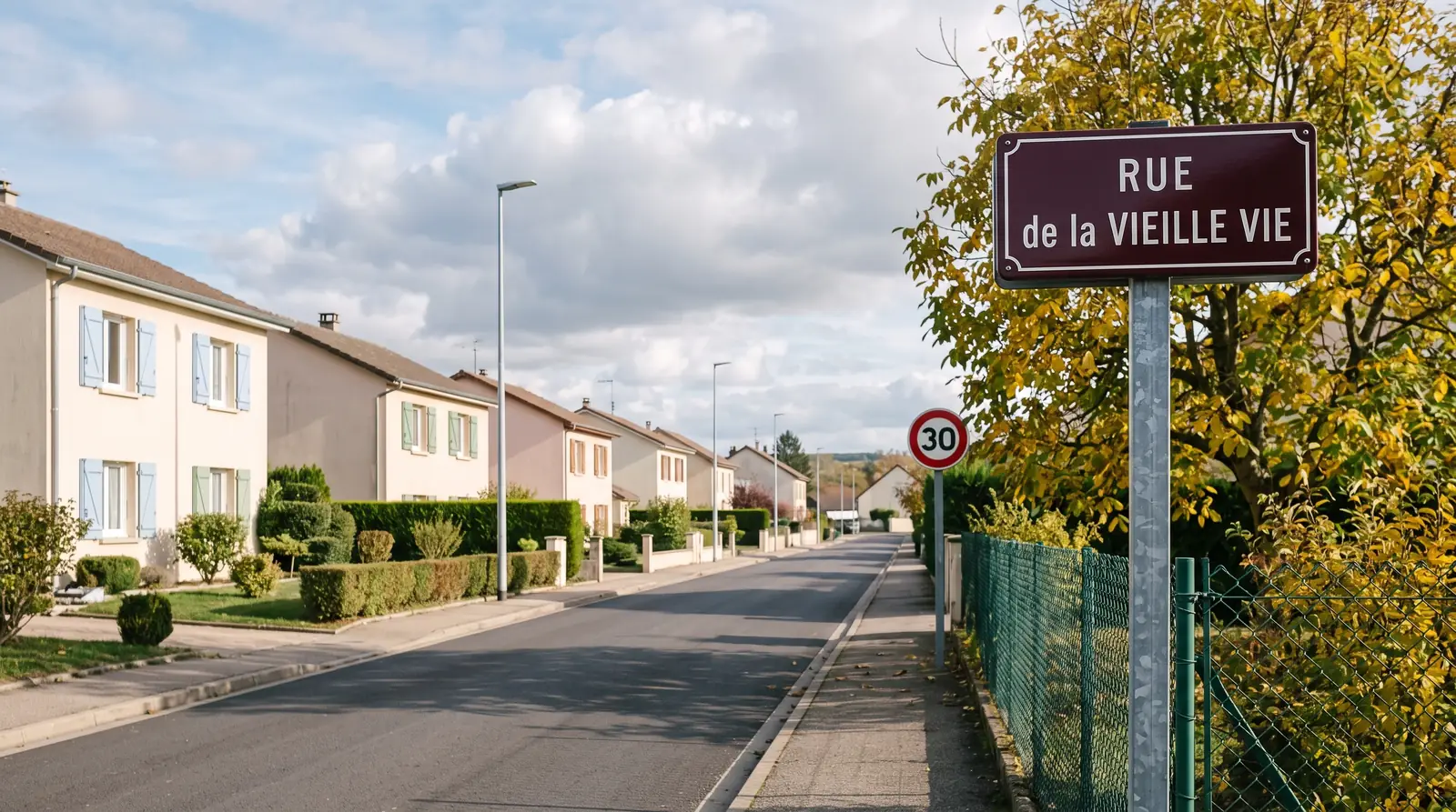 Plaque de rue bordeaux « Rue de la Vieille Vie » à l’entrée d’une rue pavillonnaire en pente, avec un panneau de limitation à 30