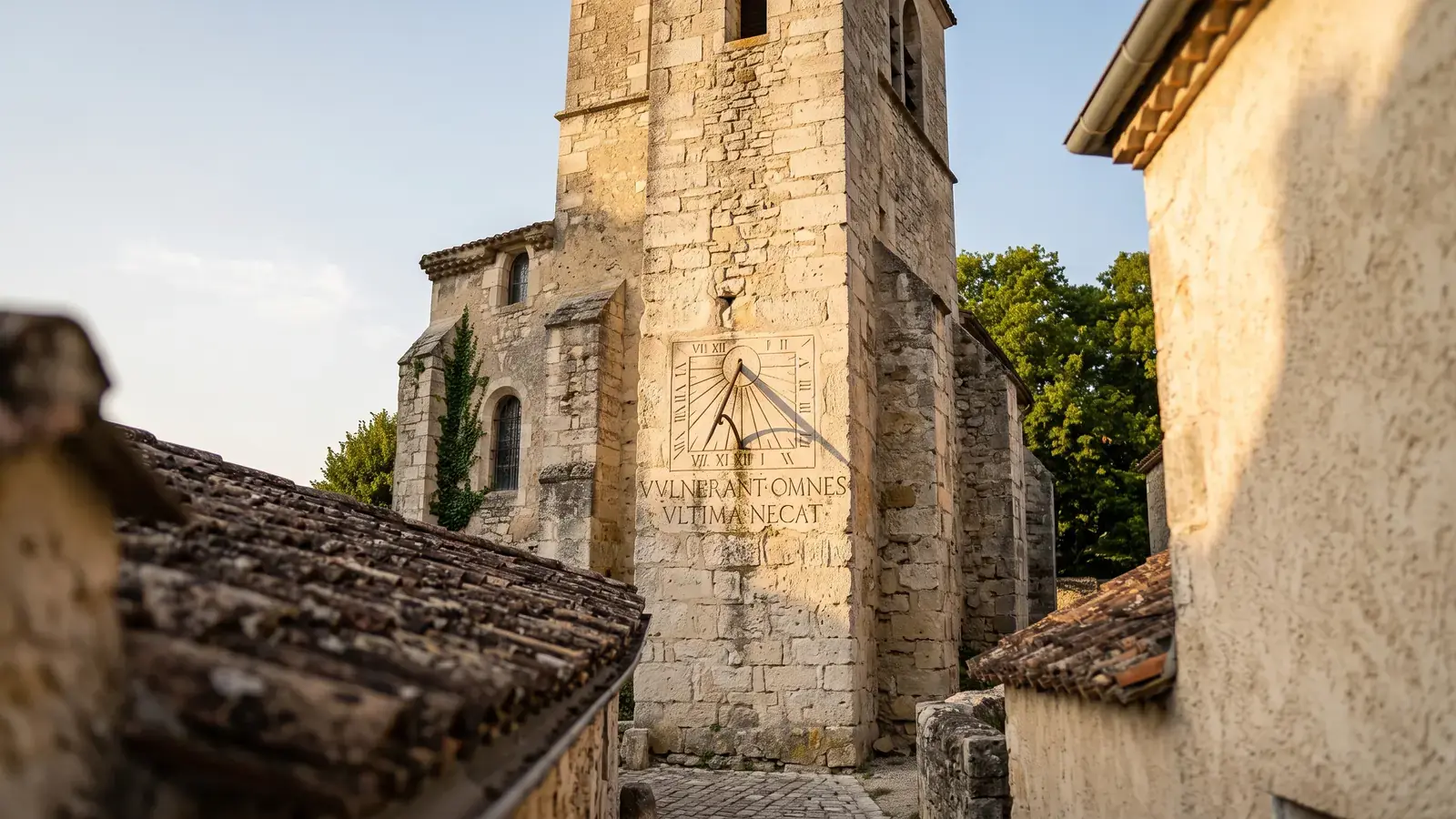 Cadran solaire gravé sur le clocher d’une église de village, en lumière de fin de journée