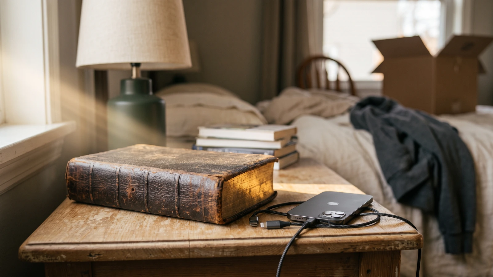 Une vieille Bible reliée de cuir, fermée, posée sur une table de chevet dans une chambre d’étudiant, à côté d’un téléphone en charge ; au fond, un lit défait et un carton de déménagement