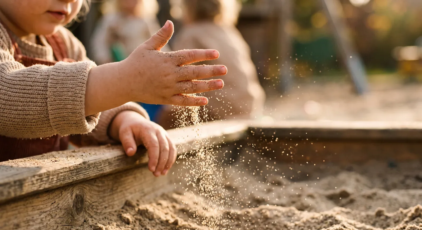 Main d’enfant laissant couler du sable entre ses doigts dans un bac à sable, lumière dorée