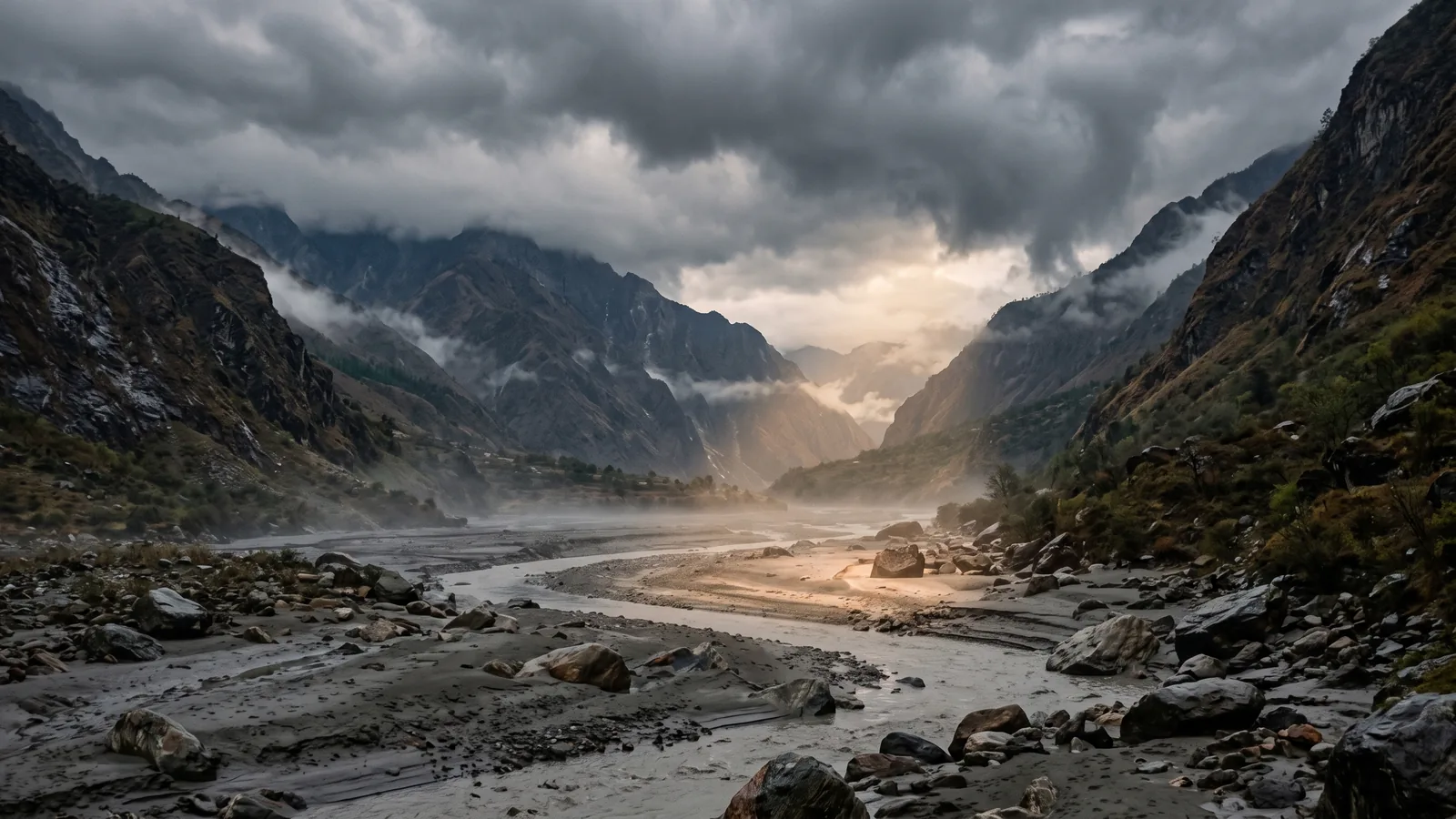 Vallée de montagne après l’orage : un lit de boue et de rochers, la brume basse, et un rayon de lumière dorée qui perce les nuages jusqu’au fond de la vallée