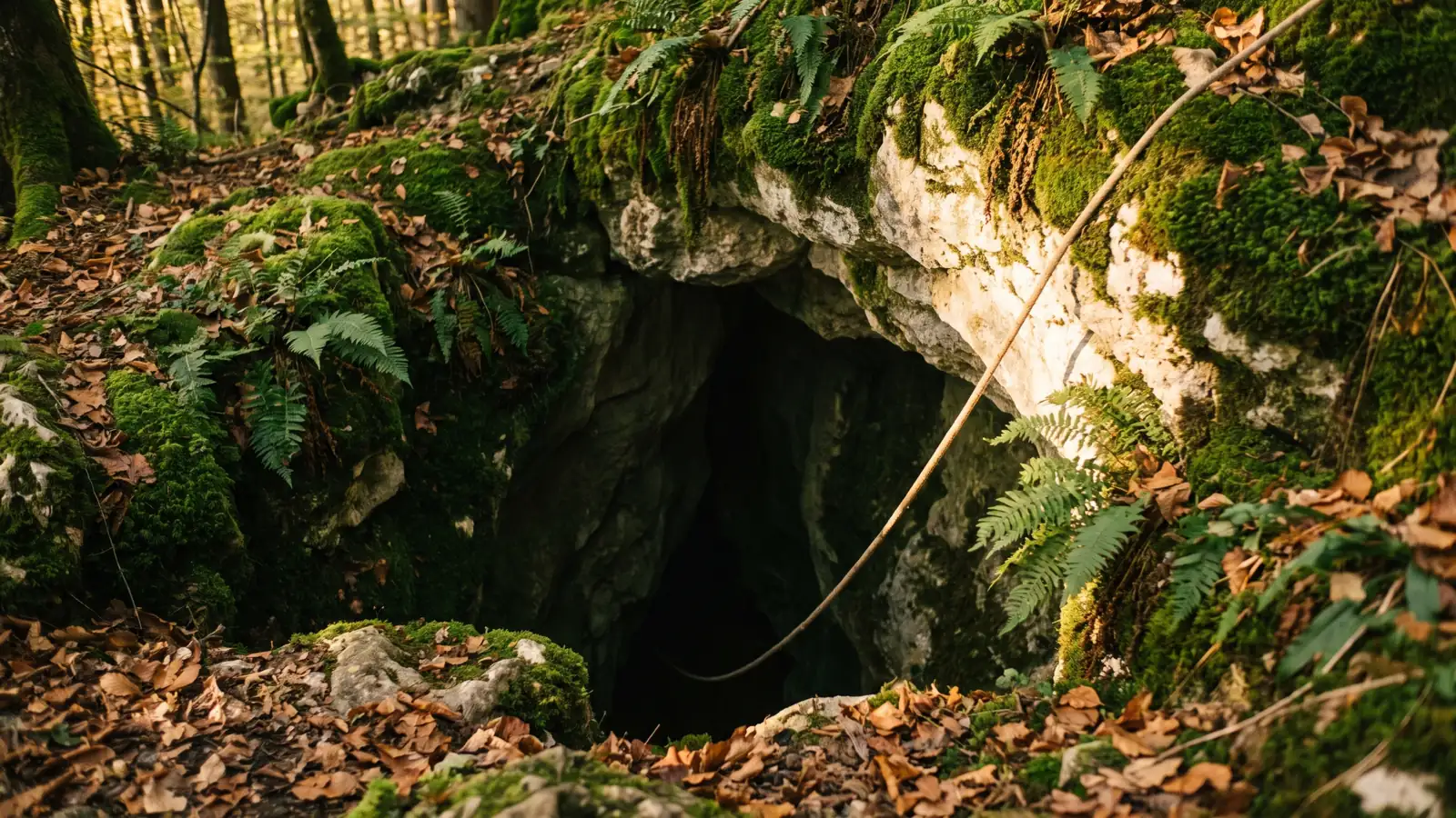 Entrée d’un gouffre dans une forêt de calcaire, une corde descendant dans l’obscurité, mousses et fougères autour de l’ouverture, lumière dorée à travers les arbres