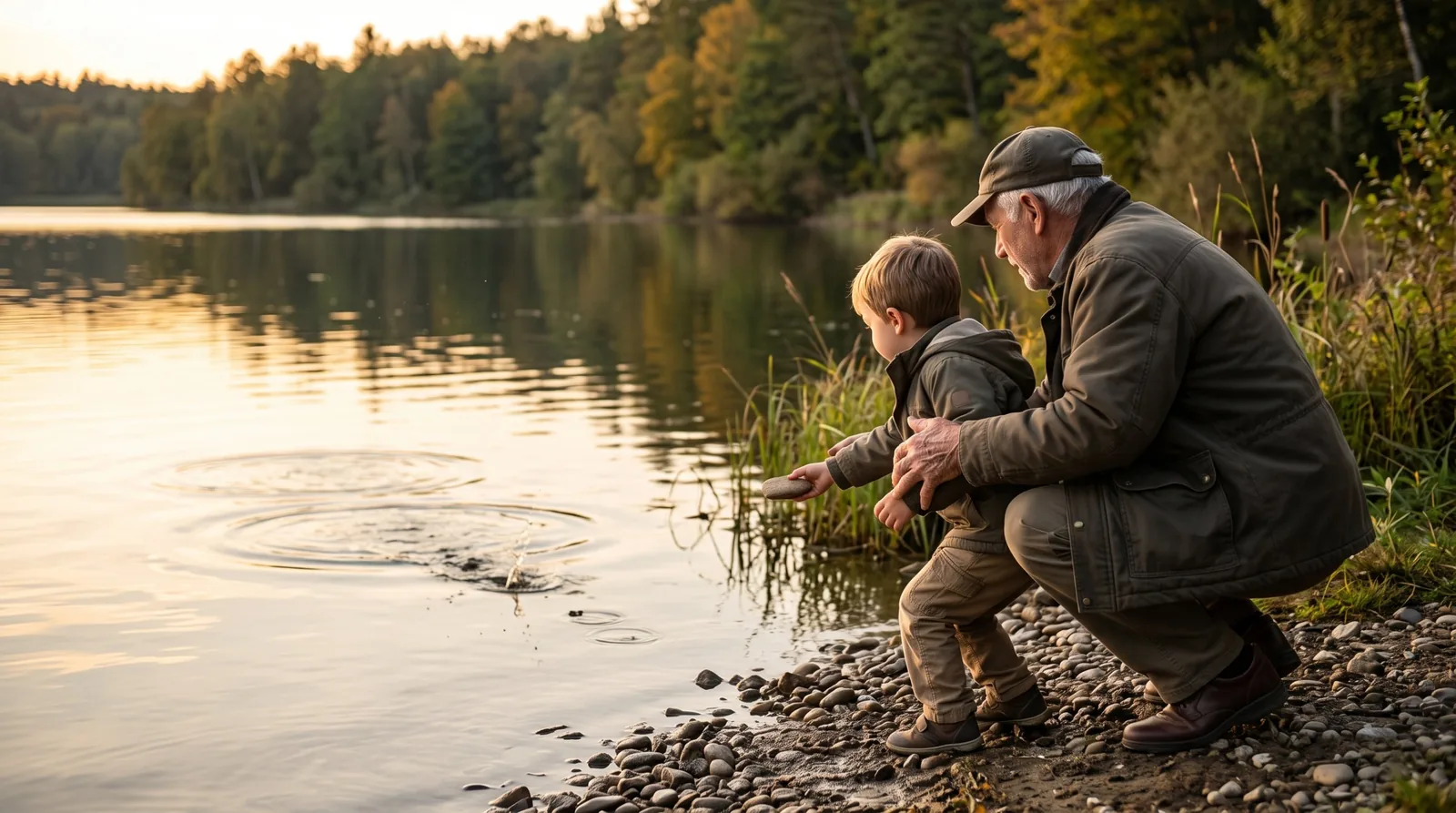Au bord d’un lac, dans la lumière dorée du soir, un grand-père accroupi guide le bras de son petit-fils qui s’apprête à lancer un galet ; sur l’eau, les cercles des ricochets précédents s’élargissent.