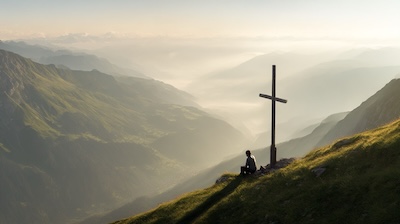 A wooden cross at a mountain summit