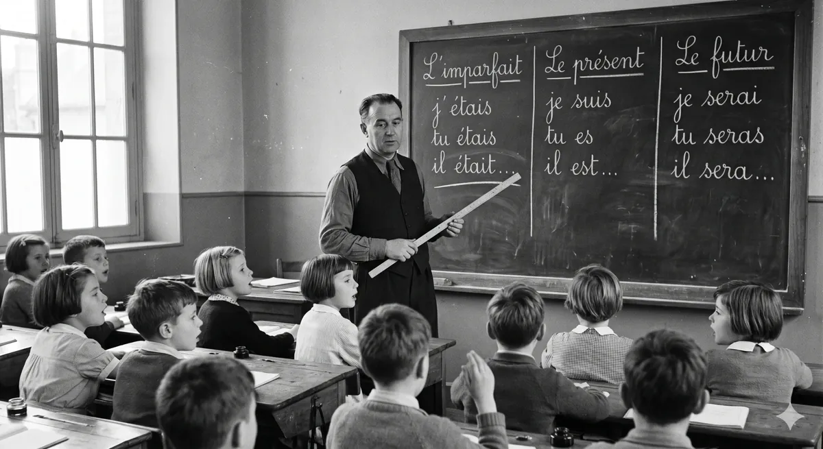 Un tableau noir d'école avec trois colonnes du verbe être tracées à la craie : l'imparfait, le présent et le futur