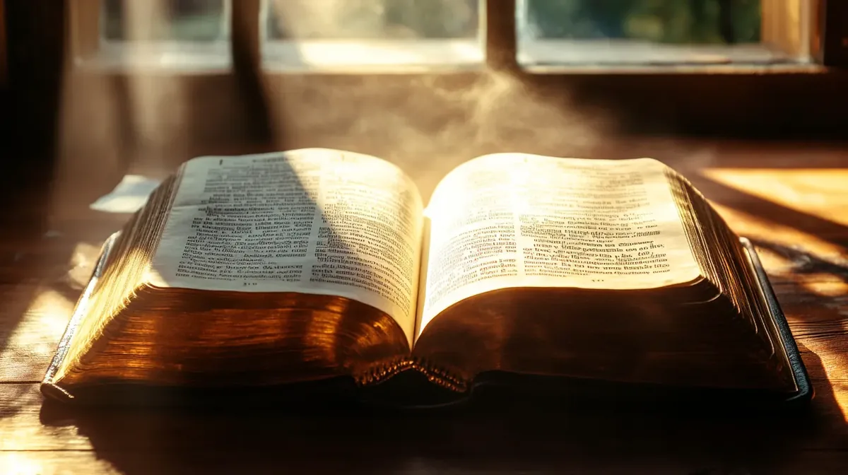 Une Bible ouverte baignée dans la lumière dorée du matin