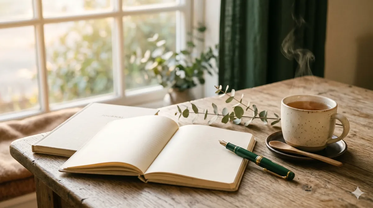 Carnet ouvert, stylo et tasse de thé sur une table en bois, dans la lumière douce du lundi matin