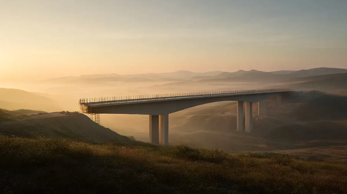 Un pont isolé dans un chantier, suspendu dans le vide, sans route ni en amont ni en aval