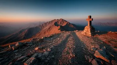 Une croix de sommet dans le Mercantour — une ombre courbée à ses pieds