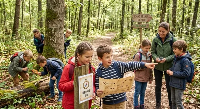Enfants sur un sentier de forêt, cherchant des indices lors d'un jeu de piste